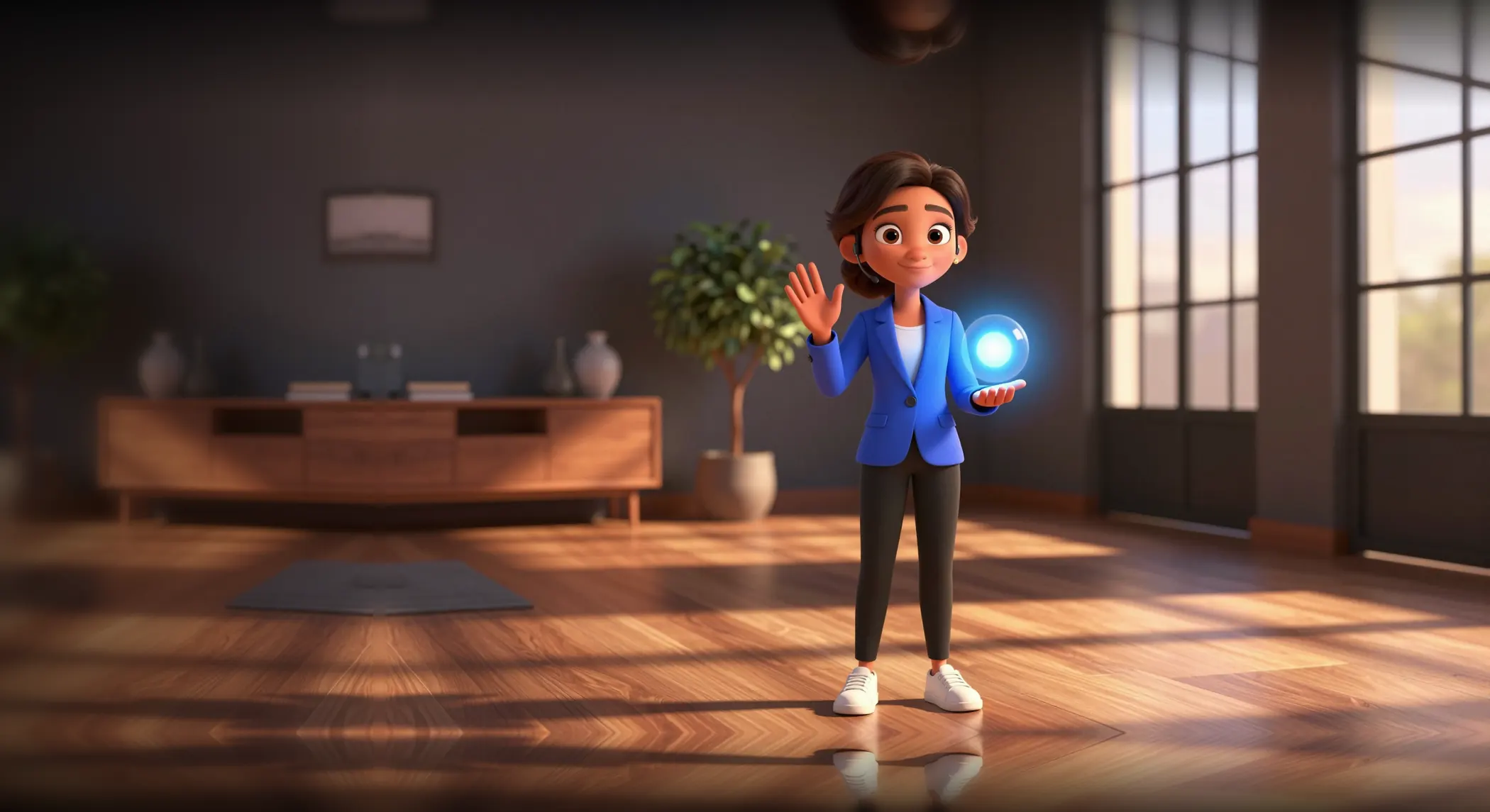 Noor, Opervio's AI chief of staff, waving hello in a sunlit studio office while a small orb of blue light floats above her hand